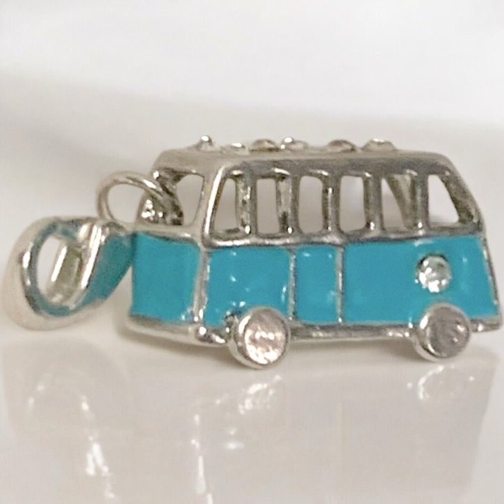 VW Bus Blue, Silver, & Crystal w/Lobster clasp Zipper pull, purse, shoe charm - Picture 2 of 8